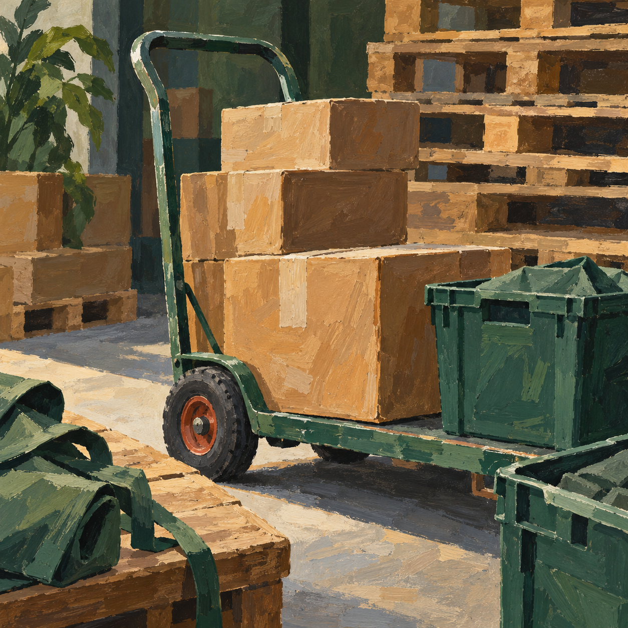 Illustration of local logistics depot: a hand trolley, pallets, reusable delivery totes