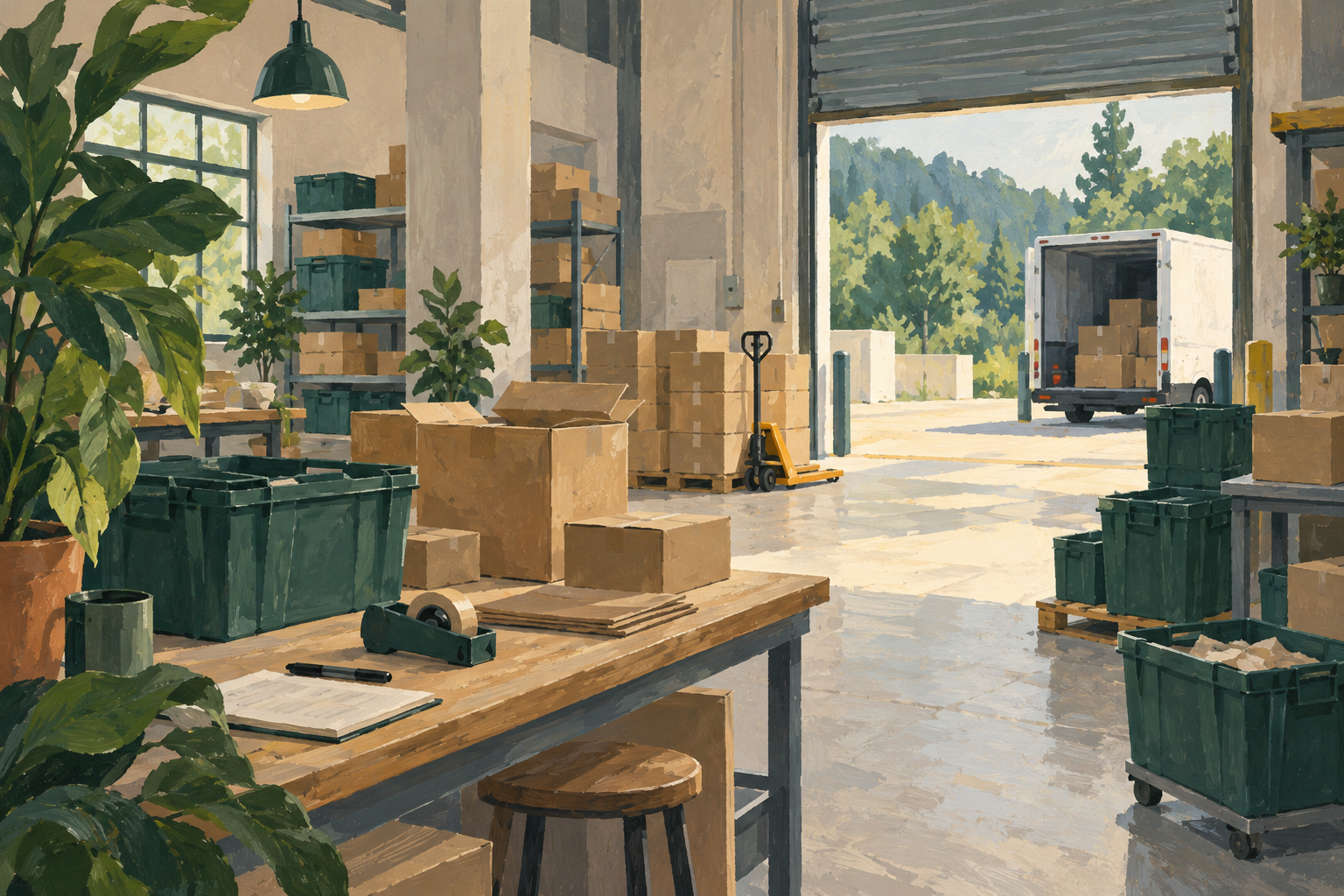 Illustration of local logistics depot: reusable delivery totes, unmarked shipping boxes, a loading bay